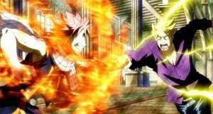 Natsu's hot headed nature means he'll brawl with pretty much anyone